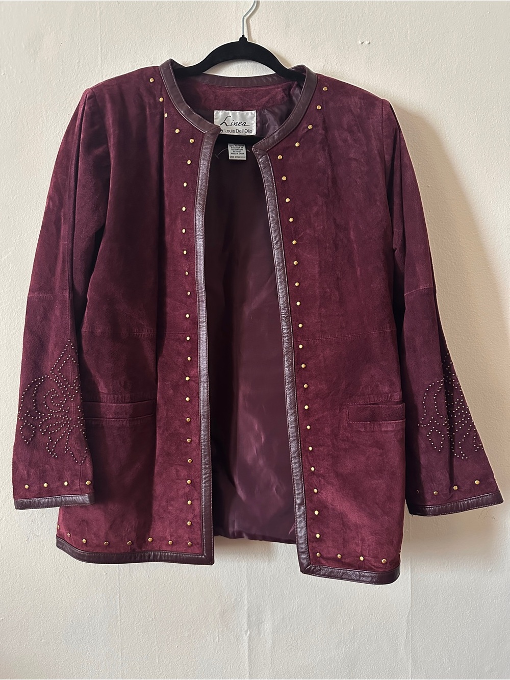 Vintage Women's Burgundy Suede Jacket with Leather Trim Studs with fleur de lis